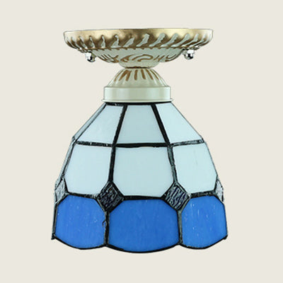Dome Shape Ceiling Light Fixture Vintage Stained Glass 1 Light Ceiling Fixture in Orange/Blue for Hallway Clearhalo 'Ceiling Lights' 'Close To Ceiling Lights' 'Close to ceiling' 'Glass shade' 'Glass' 'Semi-flushmount' 'Tiffany close to ceiling' 'Tiffany' Lighting' 27217