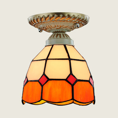 Dome Shape Ceiling Light Fixture Vintage Stained Glass 1 Light Ceiling Fixture in Orange/Blue for Hallway Clearhalo 'Ceiling Lights' 'Close To Ceiling Lights' 'Close to ceiling' 'Glass shade' 'Glass' 'Semi-flushmount' 'Tiffany close to ceiling' 'Tiffany' Lighting' 27219