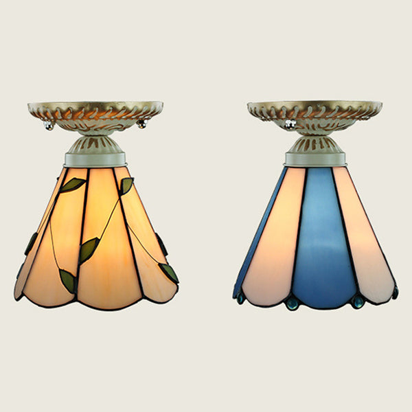 Conic Shape Ceiling Fixture Vintage Stained Glass 1 Light Ceiling Light Fixture in Blue/Beige for Hallway Clearhalo 'Ceiling Lights' 'Close To Ceiling Lights' 'Close to ceiling' 'Glass shade' 'Glass' 'Semi-flushmount' 'Tiffany close to ceiling' 'Tiffany' Lighting' 27235