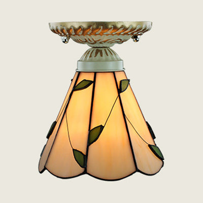 Conic Shape Ceiling Fixture Vintage Stained Glass 1 Light Ceiling Light Fixture in Blue/Beige for Hallway Clearhalo 'Ceiling Lights' 'Close To Ceiling Lights' 'Close to ceiling' 'Glass shade' 'Glass' 'Semi-flushmount' 'Tiffany close to ceiling' 'Tiffany' Lighting' 27236