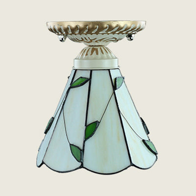 Conic Shape Ceiling Fixture Vintage Stained Glass 1 Light Ceiling Light Fixture in Blue/Beige for Hallway Clearhalo 'Ceiling Lights' 'Close To Ceiling Lights' 'Close to ceiling' 'Glass shade' 'Glass' 'Semi-flushmount' 'Tiffany close to ceiling' 'Tiffany' Lighting' 27237