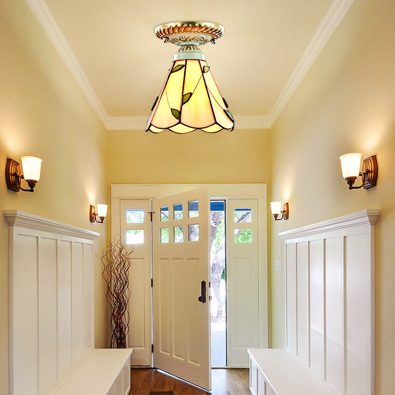 Conic Shape Ceiling Fixture Vintage Stained Glass 1 Light Ceiling Light Fixture in Blue/Beige for Hallway Beige Clearhalo 'Ceiling Lights' 'Close To Ceiling Lights' 'Close to ceiling' 'Glass shade' 'Glass' 'Semi-flushmount' 'Tiffany close to ceiling' 'Tiffany' Lighting' 27238