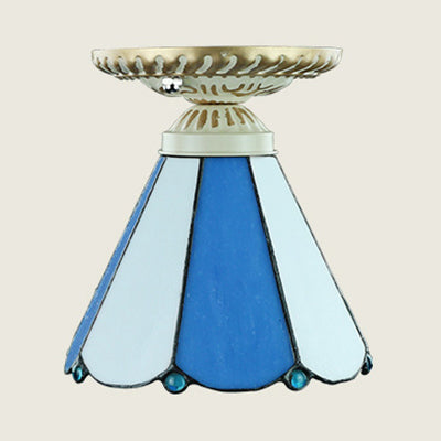 Conic Shape Ceiling Fixture Vintage Stained Glass 1 Light Ceiling Light Fixture in Blue/Beige for Hallway Clearhalo 'Ceiling Lights' 'Close To Ceiling Lights' 'Close to ceiling' 'Glass shade' 'Glass' 'Semi-flushmount' 'Tiffany close to ceiling' 'Tiffany' Lighting' 27240