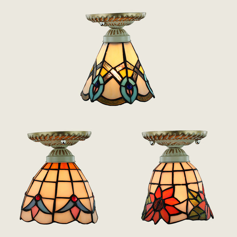 Tiffany Style Colorful Ceiling Light Stained Glass 1 Bulb Flush Mount Ceiling Light with Sunflower/Peacock Tail/Lily Pattern Clearhalo 'Ceiling Lights' 'Close To Ceiling Lights' 'Close to ceiling' 'Glass shade' 'Glass' 'Semi-flushmount' 'Tiffany close to ceiling' 'Tiffany' Lighting' 27252
