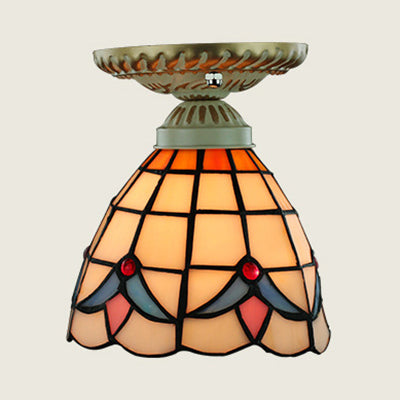 Tiffany Style Colorful Ceiling Light Stained Glass 1 Bulb Flush Mount Ceiling Light with Sunflower/Peacock Tail/Lily Pattern Clearhalo 'Ceiling Lights' 'Close To Ceiling Lights' 'Close to ceiling' 'Glass shade' 'Glass' 'Semi-flushmount' 'Tiffany close to ceiling' 'Tiffany' Lighting' 27253
