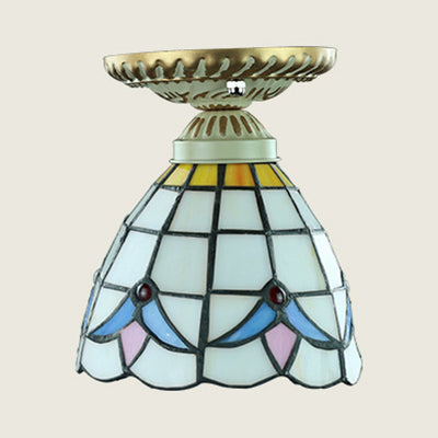 Tiffany Style Colorful Ceiling Light Stained Glass 1 Bulb Flush Mount Ceiling Light with Sunflower/Peacock Tail/Lily Pattern Clearhalo 'Ceiling Lights' 'Close To Ceiling Lights' 'Close to ceiling' 'Glass shade' 'Glass' 'Semi-flushmount' 'Tiffany close to ceiling' 'Tiffany' Lighting' 27254