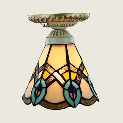 Tiffany Style Colorful Ceiling Light Stained Glass 1 Bulb Flush Mount Ceiling Light with Sunflower/Peacock Tail/Lily Pattern Clearhalo 'Ceiling Lights' 'Close To Ceiling Lights' 'Close to ceiling' 'Glass shade' 'Glass' 'Semi-flushmount' 'Tiffany close to ceiling' 'Tiffany' Lighting' 27256