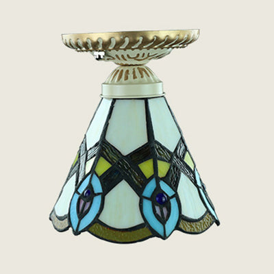 Tiffany Style Colorful Ceiling Light Stained Glass 1 Bulb Flush Mount Ceiling Light with Sunflower/Peacock Tail/Lily Pattern Clearhalo 'Ceiling Lights' 'Close To Ceiling Lights' 'Close to ceiling' 'Glass shade' 'Glass' 'Semi-flushmount' 'Tiffany close to ceiling' 'Tiffany' Lighting' 27257