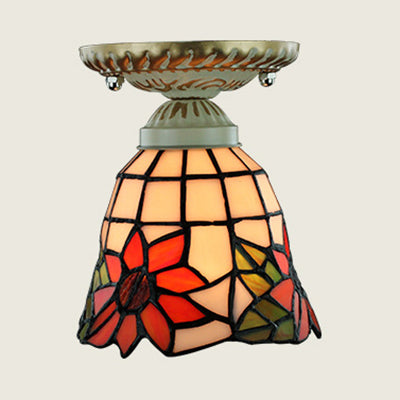 Tiffany Style Colorful Ceiling Light Stained Glass 1 Bulb Flush Mount Ceiling Light with Sunflower/Peacock Tail/Lily Pattern Clearhalo 'Ceiling Lights' 'Close To Ceiling Lights' 'Close to ceiling' 'Glass shade' 'Glass' 'Semi-flushmount' 'Tiffany close to ceiling' 'Tiffany' Lighting' 27259