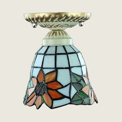 Tiffany Style Colorful Ceiling Light Stained Glass 1 Bulb Flush Mount Ceiling Light with Sunflower/Peacock Tail/Lily Pattern Clearhalo 'Ceiling Lights' 'Close To Ceiling Lights' 'Close to ceiling' 'Glass shade' 'Glass' 'Semi-flushmount' 'Tiffany close to ceiling' 'Tiffany' Lighting' 27260