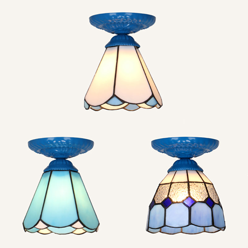 Industrial Vintage Flushmount Ceiling Light Stained Glass 1 Light Flush Mount Ceiling Fixture in White/Blue/Clear Clearhalo 'Ceiling Lights' 'Close To Ceiling Lights' 'Close to ceiling' 'Glass shade' 'Glass' 'Semi-flushmount' 'Tiffany close to ceiling' 'Tiffany' Lighting' 27267