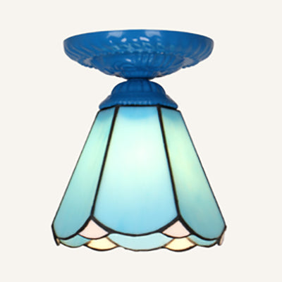 Industrial Vintage Flushmount Ceiling Light Stained Glass 1 Light Flush Mount Ceiling Fixture in White/Blue/Clear Blue Clearhalo 'Ceiling Lights' 'Close To Ceiling Lights' 'Close to ceiling' 'Glass shade' 'Glass' 'Semi-flushmount' 'Tiffany close to ceiling' 'Tiffany' Lighting' 27269