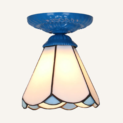 Industrial Vintage Flushmount Ceiling Light Stained Glass 1 Light Flush Mount Ceiling Fixture in White/Blue/Clear White Clearhalo 'Ceiling Lights' 'Close To Ceiling Lights' 'Close to ceiling' 'Glass shade' 'Glass' 'Semi-flushmount' 'Tiffany close to ceiling' 'Tiffany' Lighting' 27270