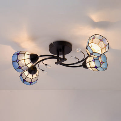 Stained Glass Bowl Semi Flush Light Tiffany Style 4 Heads Semi Flushmount in Blue/Orange for Bedroom Blue Clearhalo 'Ceiling Lights' 'Close To Ceiling Lights' 'Close to ceiling' 'Glass shade' 'Glass' 'Semi-flushmount' 'Tiffany close to ceiling' 'Tiffany' Lighting' 27278