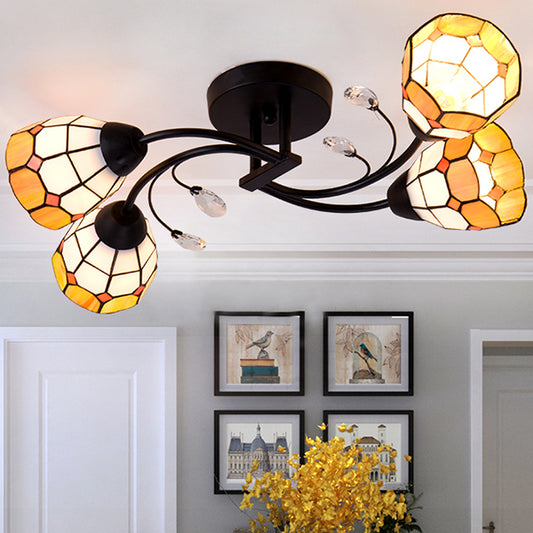 Stained Glass Bowl Semi Flush Light Tiffany Style 4 Heads Semi Flushmount in Blue/Orange for Bedroom Orange Clearhalo 'Ceiling Lights' 'Close To Ceiling Lights' 'Close to ceiling' 'Glass shade' 'Glass' 'Semi-flushmount' 'Tiffany close to ceiling' 'Tiffany' Lighting' 27281