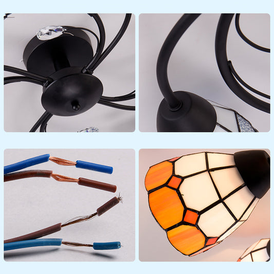 Stained Glass Bowl Semi Flush Light Tiffany Style 4 Heads Semi Flushmount in Blue/Orange for Bedroom Clearhalo 'Ceiling Lights' 'Close To Ceiling Lights' 'Close to ceiling' 'Glass shade' 'Glass' 'Semi-flushmount' 'Tiffany close to ceiling' 'Tiffany' Lighting' 27282