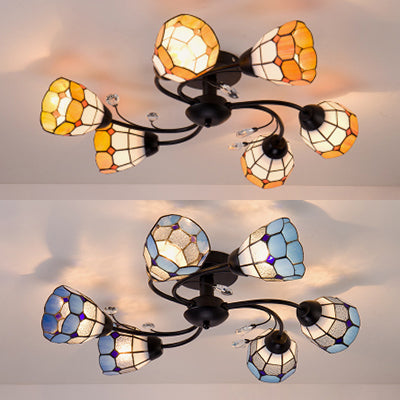 6 Lights Bowl Flush Light Tiffany Stained Glass Indoor Semi Flushmount for Living Room in Orange/Blue Clearhalo 'Ceiling Lights' 'Chandeliers' 'Close To Ceiling Lights' 'Close to ceiling' 'Glass shade' 'Glass' 'Semi-flushmount' 'Tiffany close to ceiling' 'Tiffany' Lighting' 27288