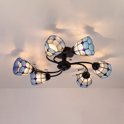 6 Lights Bowl Flush Light Tiffany Stained Glass Indoor Semi Flushmount for Living Room in Orange/Blue Clearhalo 'Ceiling Lights' 'Chandeliers' 'Close To Ceiling Lights' 'Close to ceiling' 'Glass shade' 'Glass' 'Semi-flushmount' 'Tiffany close to ceiling' 'Tiffany' Lighting' 27289