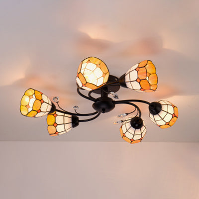 6 Lights Bowl Flush Light Tiffany Stained Glass Indoor Semi Flushmount for Living Room in Orange/Blue Clearhalo 'Ceiling Lights' 'Chandeliers' 'Close To Ceiling Lights' 'Close to ceiling' 'Glass shade' 'Glass' 'Semi-flushmount' 'Tiffany close to ceiling' 'Tiffany' Lighting' 27292