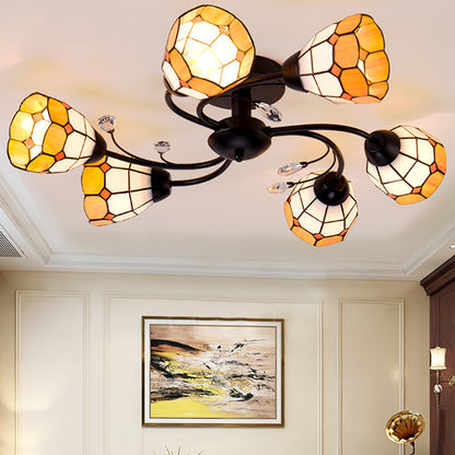 6 Lights Bowl Flush Light Tiffany Stained Glass Indoor Semi Flushmount for Living Room in Orange/Blue Orange Clearhalo 'Ceiling Lights' 'Chandeliers' 'Close To Ceiling Lights' 'Close to ceiling' 'Glass shade' 'Glass' 'Semi-flushmount' 'Tiffany close to ceiling' 'Tiffany' Lighting' 27293
