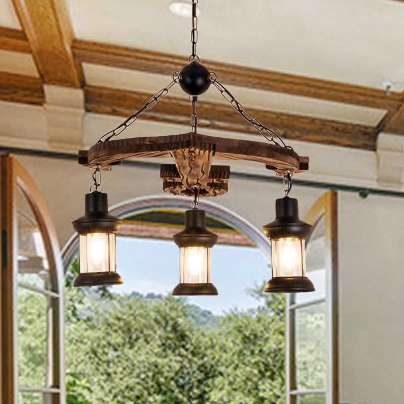Brown Anchor Chandelier Pendant Light Loft Style 3 Lights Wood and Metal Ceiling Lamp with Lantern Shade Clearhalo 'Cast Iron' 'Ceiling Lights' 'Chandeliers' 'Industrial Chandeliers' 'Industrial' 'Metal' 'Middle Century Chandeliers' 'Rustic Chandeliers' 'Tiffany' Lighting' 273002
