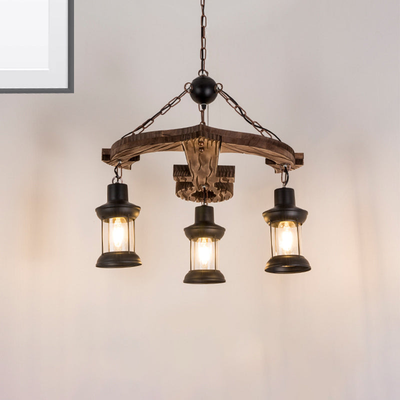 Brown Anchor Chandelier Pendant Light Loft Style 3 Lights Wood and Metal Ceiling Lamp with Lantern Shade Clearhalo 'Cast Iron' 'Ceiling Lights' 'Chandeliers' 'Industrial Chandeliers' 'Industrial' 'Metal' 'Middle Century Chandeliers' 'Rustic Chandeliers' 'Tiffany' Lighting' 273003