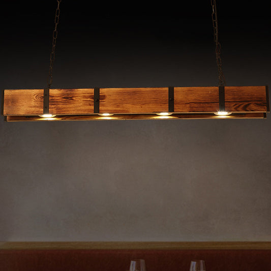 Rectangular Wooden Island Ceiling Light Industrial 4 Lights Brown Island Lamp with Metal Chain Clearhalo 'Ceiling Lights' 'Island Lights' Lighting' 273014