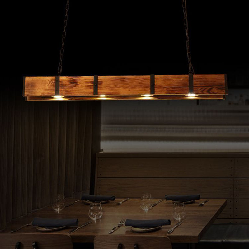 Rectangular Wooden Island Ceiling Light Industrial 4 Lights Brown Island Lamp with Metal Chain Clearhalo 'Ceiling Lights' 'Island Lights' Lighting' 273015