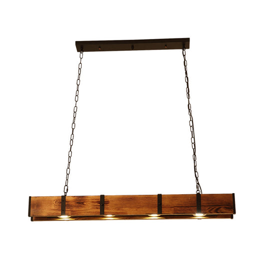 Rectangular Wooden Island Ceiling Light Industrial 4 Lights Brown Island Lamp with Metal Chain Clearhalo 'Ceiling Lights' 'Island Lights' Lighting' 273016