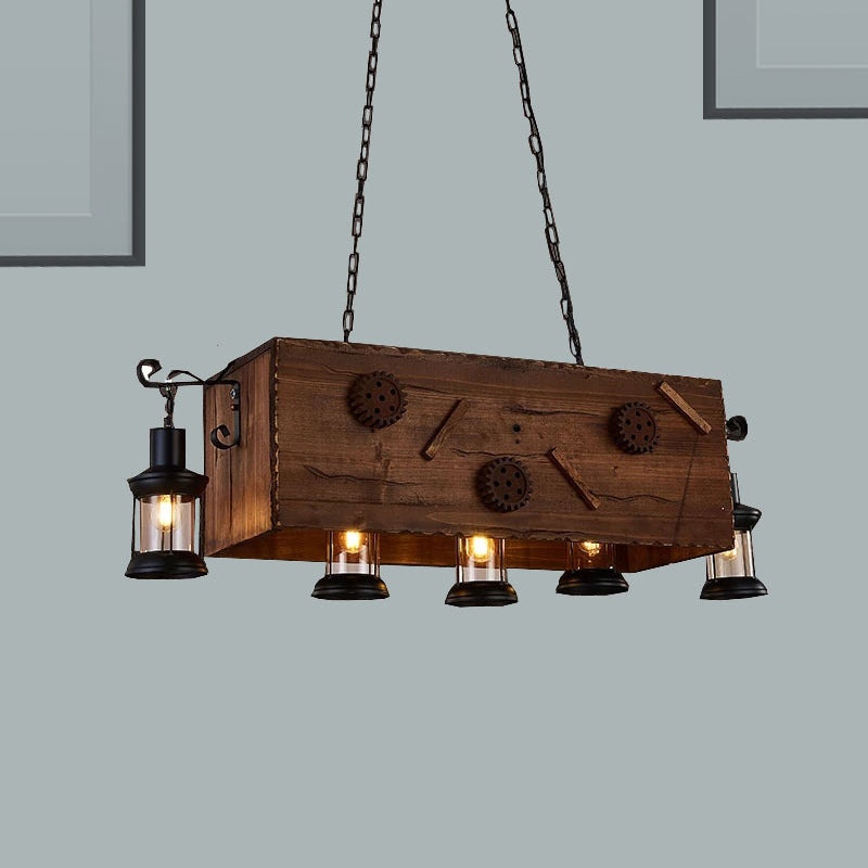 Rectangle Kitchen Chandelier Light Wood and Metal 5 Lights Retro Style Brown Hanging Fixture with Lantern Shade Brown Clearhalo 'Carpenter Chandeliers' 'Ceiling Lights' 'Chandeliers' 'Industrial Chandeliers' 'Industrial' 'Middle Century Chandeliers' 'Modern' 'Tiffany' Lighting' 273019