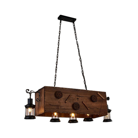 Rectangle Kitchen Chandelier Light Wood and Metal 5 Lights Retro Style Brown Hanging Fixture with Lantern Shade Clearhalo 'Carpenter Chandeliers' 'Ceiling Lights' 'Chandeliers' 'Industrial Chandeliers' 'Industrial' 'Middle Century Chandeliers' 'Modern' 'Tiffany' Lighting' 273022