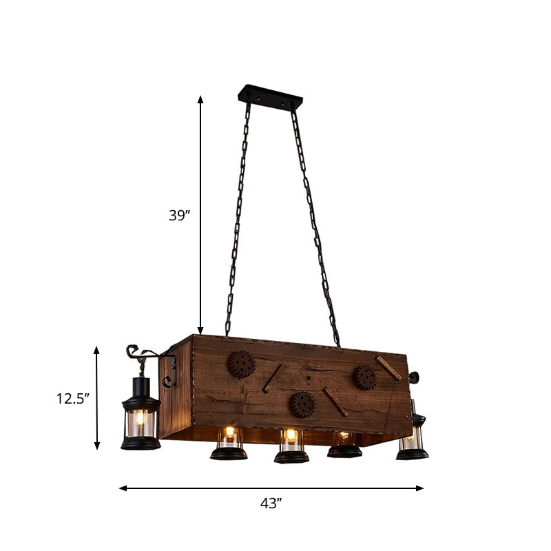 Rectangle Kitchen Chandelier Light Wood and Metal 5 Lights Retro Style Brown Hanging Fixture with Lantern Shade Clearhalo 'Carpenter Chandeliers' 'Ceiling Lights' 'Chandeliers' 'Industrial Chandeliers' 'Industrial' 'Middle Century Chandeliers' 'Modern' 'Tiffany' Lighting' 273023