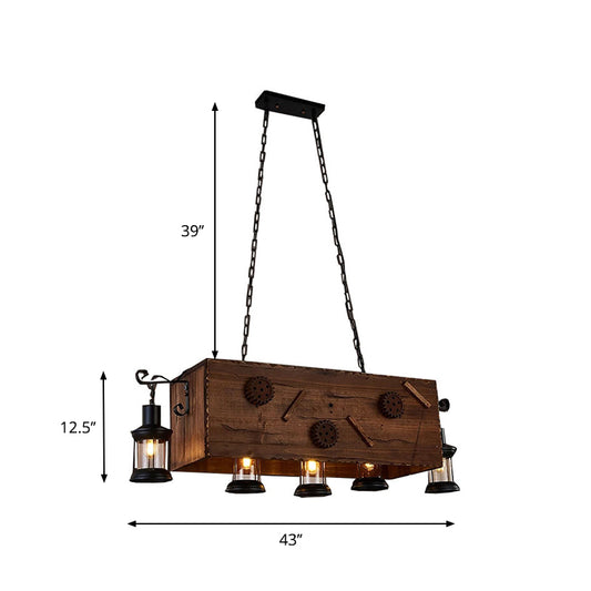 Rectangle Kitchen Chandelier Light Wood and Metal 5 Lights Retro Style Brown Hanging Fixture with Lantern Shade Clearhalo 'Carpenter Chandeliers' 'Ceiling Lights' 'Chandeliers' 'Industrial Chandeliers' 'Industrial' 'Middle Century Chandeliers' 'Modern' 'Tiffany' Lighting' 273023