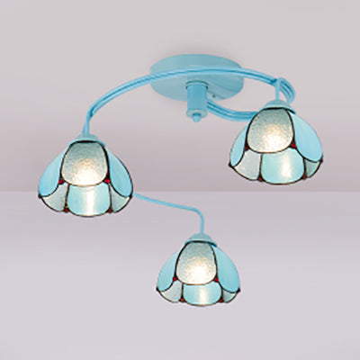 3/5 Lights Floral Semi Flush Light Tiffany Style Stained Glass Ceiling Flush Mount in Blue 3 Blue Clearhalo 'Ceiling Lights' 'Close To Ceiling Lights' 'Close to ceiling' 'Glass shade' 'Glass' 'Semi-flushmount' 'Tiffany close to ceiling' 'Tiffany' Lighting' 27303
