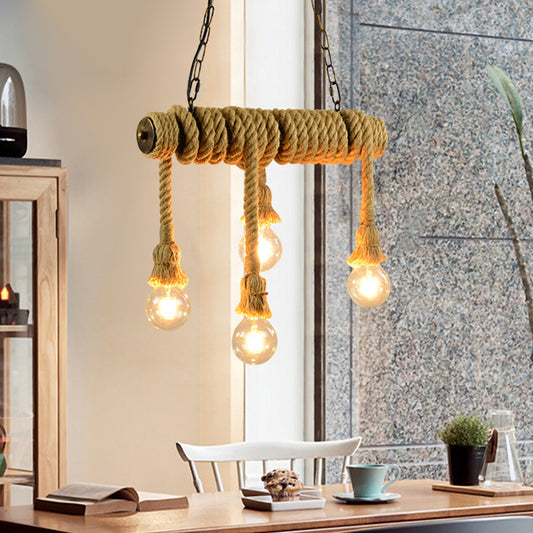 Open Bulb Dining Room Island Lamp Rope 4 Lights Industrial Style Hanging Island Light in Beige Clearhalo 'Ceiling Lights' 'Island Lights' Lighting' 273034