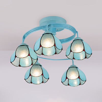 3/5 Lights Floral Semi Flush Light Tiffany Style Stained Glass Ceiling Flush Mount in Blue 5 Blue Clearhalo 'Ceiling Lights' 'Close To Ceiling Lights' 'Close to ceiling' 'Glass shade' 'Glass' 'Semi-flushmount' 'Tiffany close to ceiling' 'Tiffany' Lighting' 27304