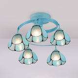 3/5 Lights Floral Semi Flush Light Tiffany Style Stained Glass Ceiling Flush Mount in Blue 5 Blue Clearhalo 'Ceiling Lights' 'Close To Ceiling Lights' 'Close to ceiling' 'Glass shade' 'Glass' 'Semi-flushmount' 'Tiffany close to ceiling' 'Tiffany' Lighting' 27304
