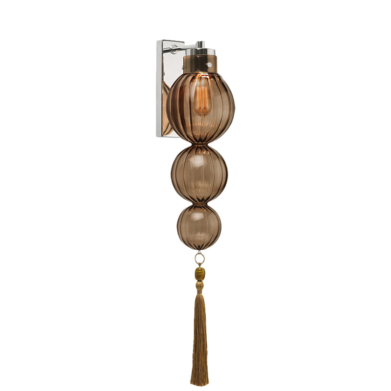 Brass/Chrome Finish Sphere Sconce Light Chinese Style 1 Bulb Clear/Amber/Light Blue Glass Wall Mount Lamp with Tassel Knot Clearhalo 'Cast Iron' 'Glass' 'Industrial' 'Modern wall lights' 'Modern' 'Tiffany' 'Traditional wall lights' 'Wall Lamps & Sconces' 'Wall Lights' Lighting' 273072