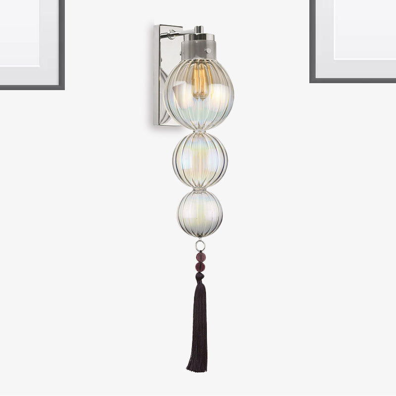 Brass/Chrome Finish Sphere Sconce Light Chinese Style 1 Bulb Clear/Amber/Light Blue Glass Wall Mount Lamp with Tassel Knot Chrome Clear Clearhalo 'Cast Iron' 'Glass' 'Industrial' 'Modern wall lights' 'Modern' 'Tiffany' 'Traditional wall lights' 'Wall Lamps & Sconces' 'Wall Lights' Lighting' 273074