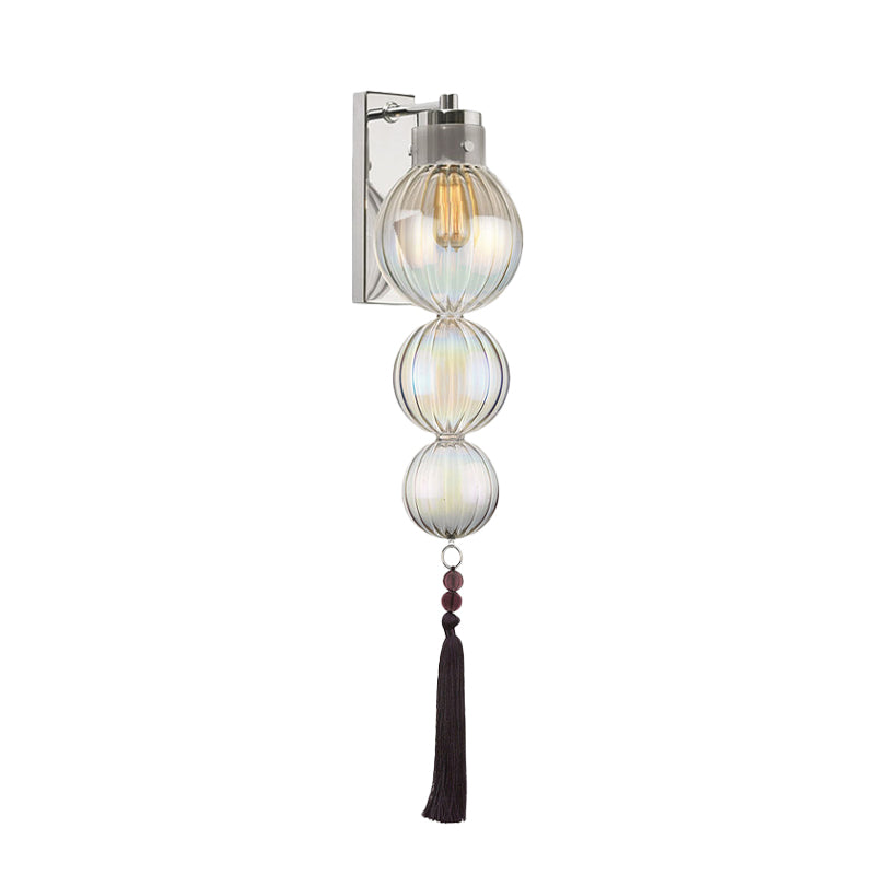 Brass/Chrome Finish Sphere Sconce Light Chinese Style 1 Bulb Clear/Amber/Light Blue Glass Wall Mount Lamp with Tassel Knot Clearhalo 'Cast Iron' 'Glass' 'Industrial' 'Modern wall lights' 'Modern' 'Tiffany' 'Traditional wall lights' 'Wall Lamps & Sconces' 'Wall Lights' Lighting' 273077