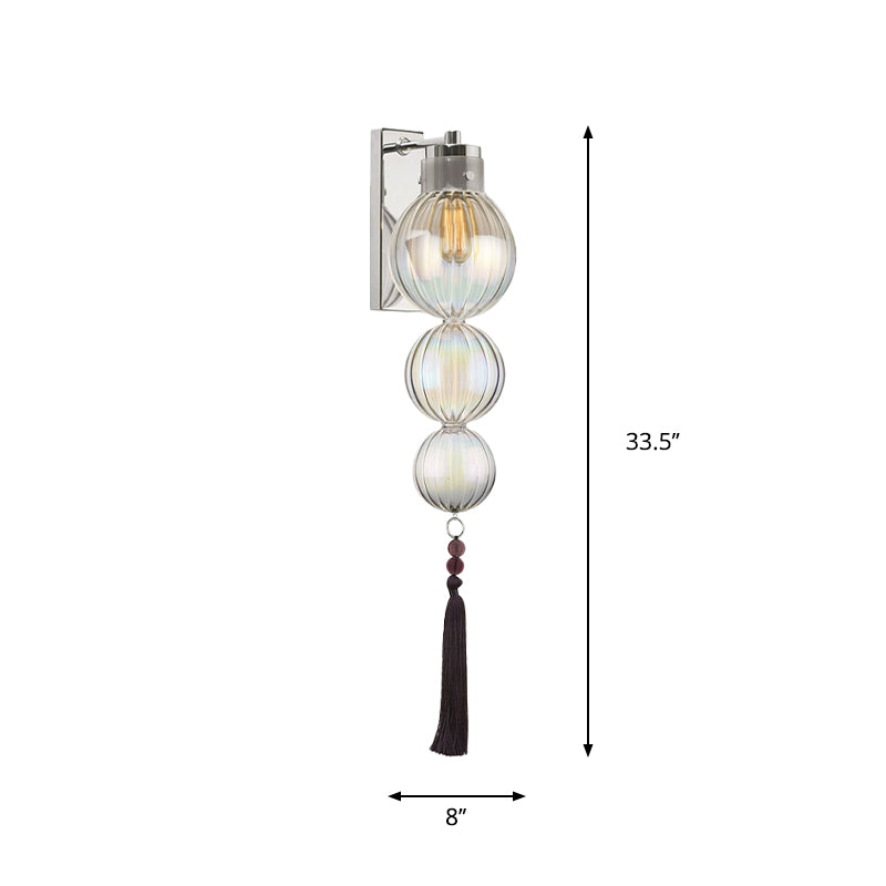Brass/Chrome Finish Sphere Sconce Light Chinese Style 1 Bulb Clear/Amber/Light Blue Glass Wall Mount Lamp with Tassel Knot Clearhalo 'Cast Iron' 'Glass' 'Industrial' 'Modern wall lights' 'Modern' 'Tiffany' 'Traditional wall lights' 'Wall Lamps & Sconces' 'Wall Lights' Lighting' 273078