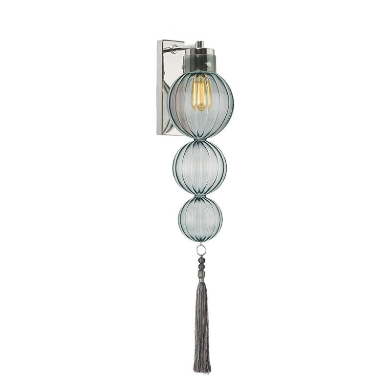 Brass/Chrome Finish Sphere Sconce Light Chinese Style 1 Bulb Clear/Amber/Light Blue Glass Wall Mount Lamp with Tassel Knot Clearhalo 'Cast Iron' 'Glass' 'Industrial' 'Modern wall lights' 'Modern' 'Tiffany' 'Traditional wall lights' 'Wall Lamps & Sconces' 'Wall Lights' Lighting' 273082