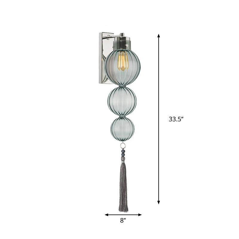 Brass/Chrome Finish Sphere Sconce Light Chinese Style 1 Bulb Clear/Amber/Light Blue Glass Wall Mount Lamp with Tassel Knot Clearhalo 'Cast Iron' 'Glass' 'Industrial' 'Modern wall lights' 'Modern' 'Tiffany' 'Traditional wall lights' 'Wall Lamps & Sconces' 'Wall Lights' Lighting' 273083
