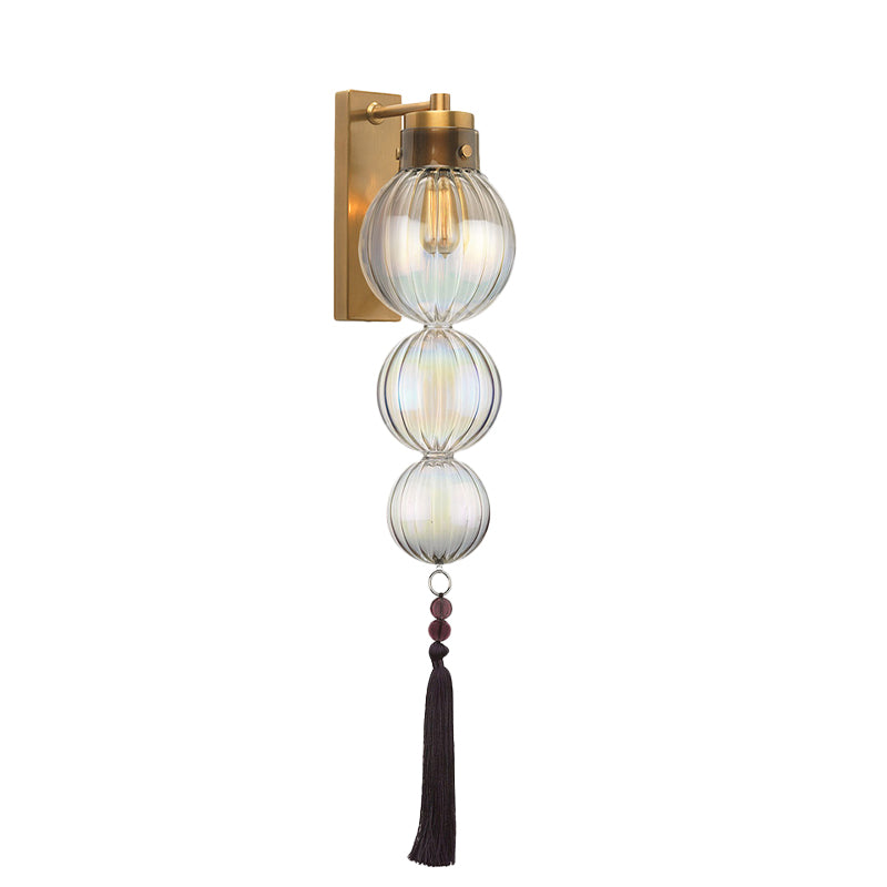 Brass/Chrome Finish Sphere Sconce Light Chinese Style 1 Bulb Clear/Amber/Light Blue Glass Wall Mount Lamp with Tassel Knot Clearhalo 'Cast Iron' 'Glass' 'Industrial' 'Modern wall lights' 'Modern' 'Tiffany' 'Traditional wall lights' 'Wall Lamps & Sconces' 'Wall Lights' Lighting' 273087
