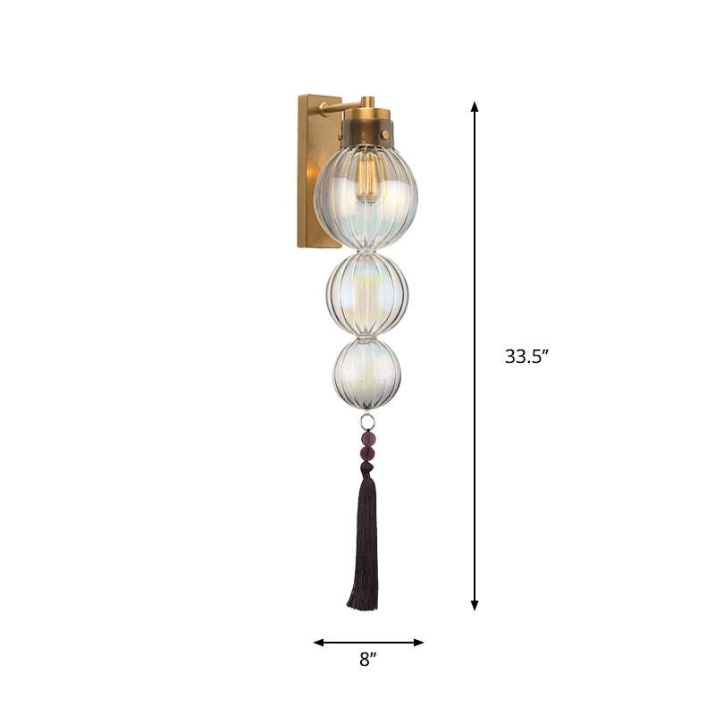 Brass/Chrome Finish Sphere Sconce Light Chinese Style 1 Bulb Clear/Amber/Light Blue Glass Wall Mount Lamp with Tassel Knot Clearhalo 'Cast Iron' 'Glass' 'Industrial' 'Modern wall lights' 'Modern' 'Tiffany' 'Traditional wall lights' 'Wall Lamps & Sconces' 'Wall Lights' Lighting' 273088