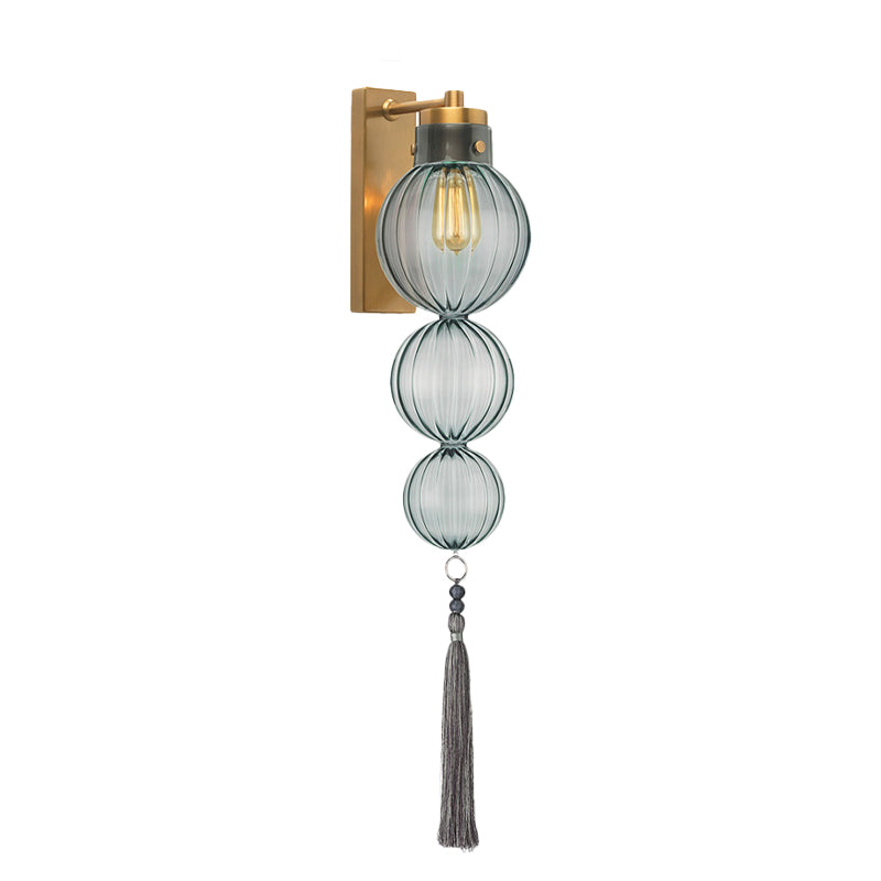 Brass/Chrome Finish Sphere Sconce Light Chinese Style 1 Bulb Clear/Amber/Light Blue Glass Wall Mount Lamp with Tassel Knot Clearhalo 'Cast Iron' 'Glass' 'Industrial' 'Modern wall lights' 'Modern' 'Tiffany' 'Traditional wall lights' 'Wall Lamps & Sconces' 'Wall Lights' Lighting' 273092