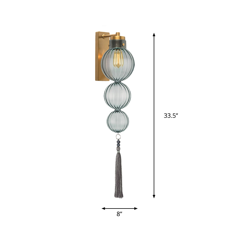 Brass/Chrome Finish Sphere Sconce Light Chinese Style 1 Bulb Clear/Amber/Light Blue Glass Wall Mount Lamp with Tassel Knot Clearhalo 'Cast Iron' 'Glass' 'Industrial' 'Modern wall lights' 'Modern' 'Tiffany' 'Traditional wall lights' 'Wall Lamps & Sconces' 'Wall Lights' Lighting' 273093