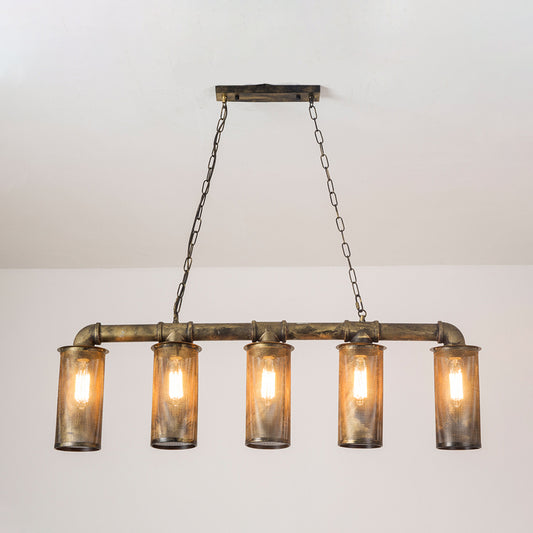 Pipe Restaurant Pendant Lighting Wrought Iron 5 Heads Warehouse Brass Island Ceiling Light with Cylinder Mesh Shade Clearhalo 'Ceiling Lights' 'Island Lights' Lighting' 273108