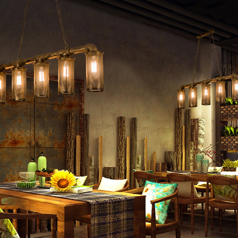 Pipe Restaurant Pendant Lighting Wrought Iron 5 Heads Warehouse Brass Island Ceiling Light with Cylinder Mesh Shade Clearhalo 'Ceiling Lights' 'Island Lights' Lighting' 273109