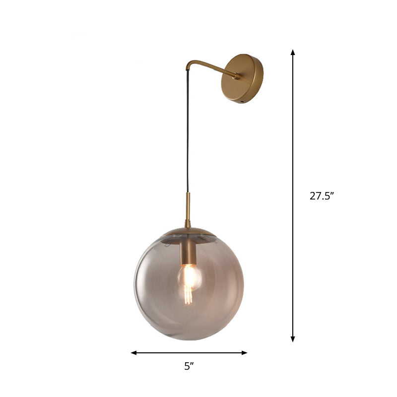 Clear/Smoke Grey Glass Sphere Wall Sconce Retro 1 Light Wall Mount Lamp with Long Gold/Black Arm - Clearhalo - 'Cast Iron' - 'Glass' - 'Industrial' - 'Modern wall lights' - 'Modern' - 'Tiffany' - 'Traditional wall lights' - 'Wall Lamps & Sconces' - 'Wall Lights' - Lighting' - 273160